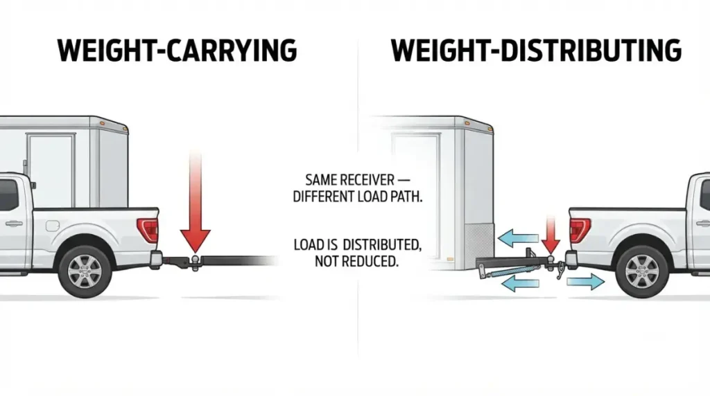 F150 hitch comparison showing weight-carrying versus weight-distributing trailer load paths