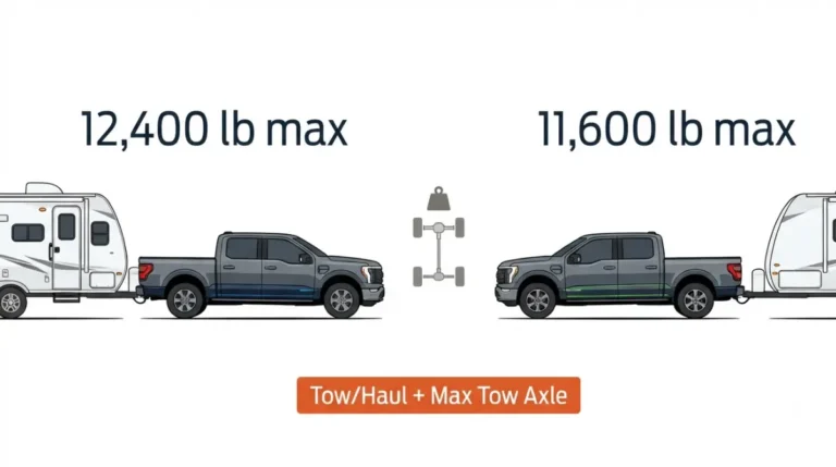 Hybrid towing comparison showing a 2026 F-150 rated at 12,400 pounds in 4x2 and 11,600 pounds in 4x4
