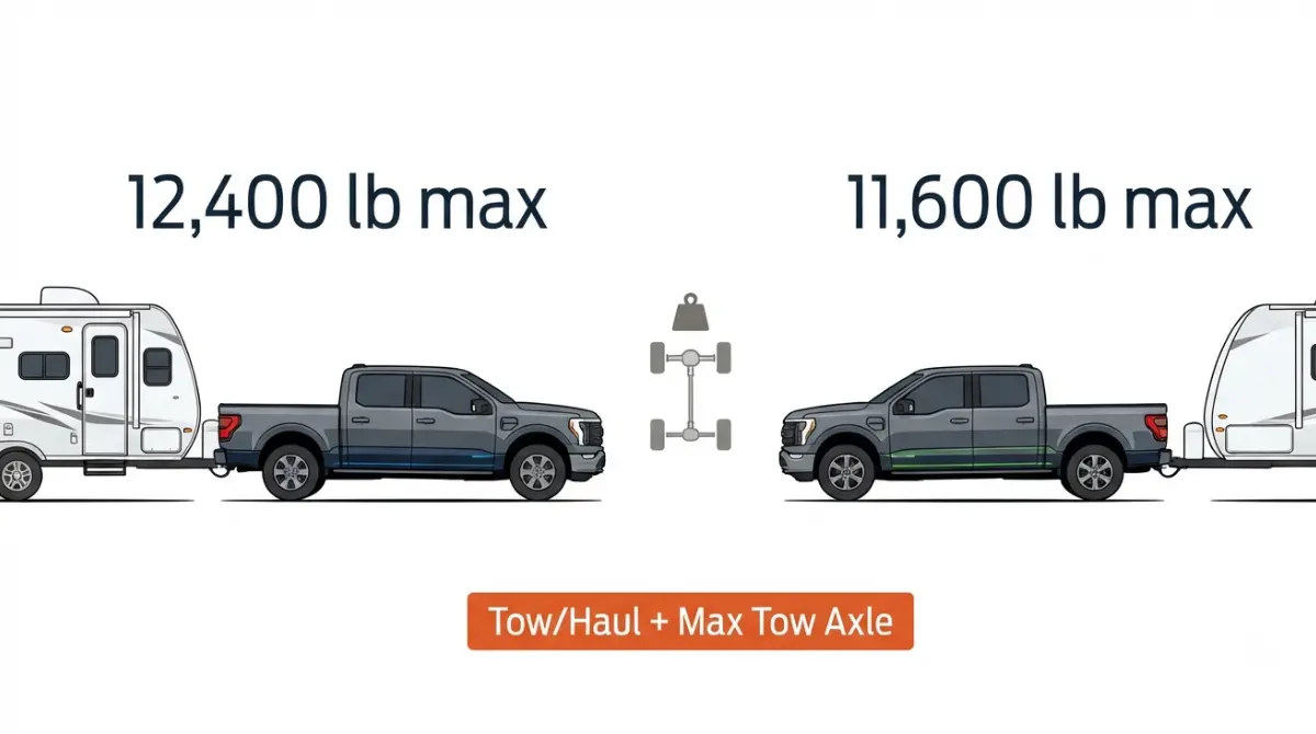 Hybrid towing comparison showing a 2026 F-150 rated at 12,400 pounds in 4x2 and 11,600 pounds in 4x4