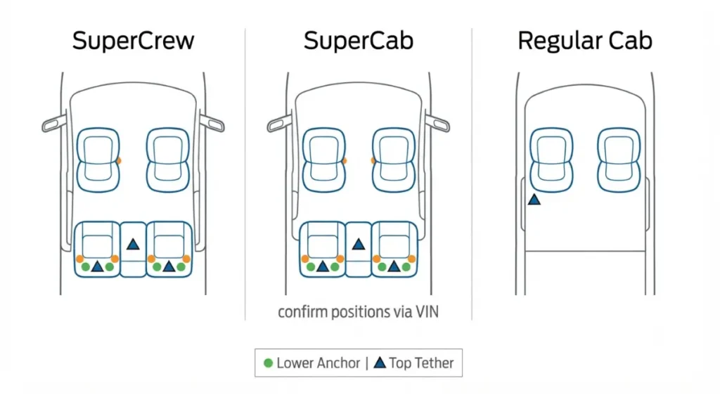 “Vector map of LATCH lower anchors and top tether locations in F-150 cabs for correct Car Seat installation — SuperCrew, SuperCab, Regular Cab”