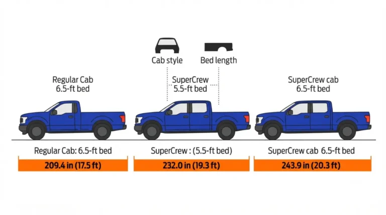 2026 Ford F-150 Length comparison by cab and bed configuration showing 209.4 to 243.9 inches