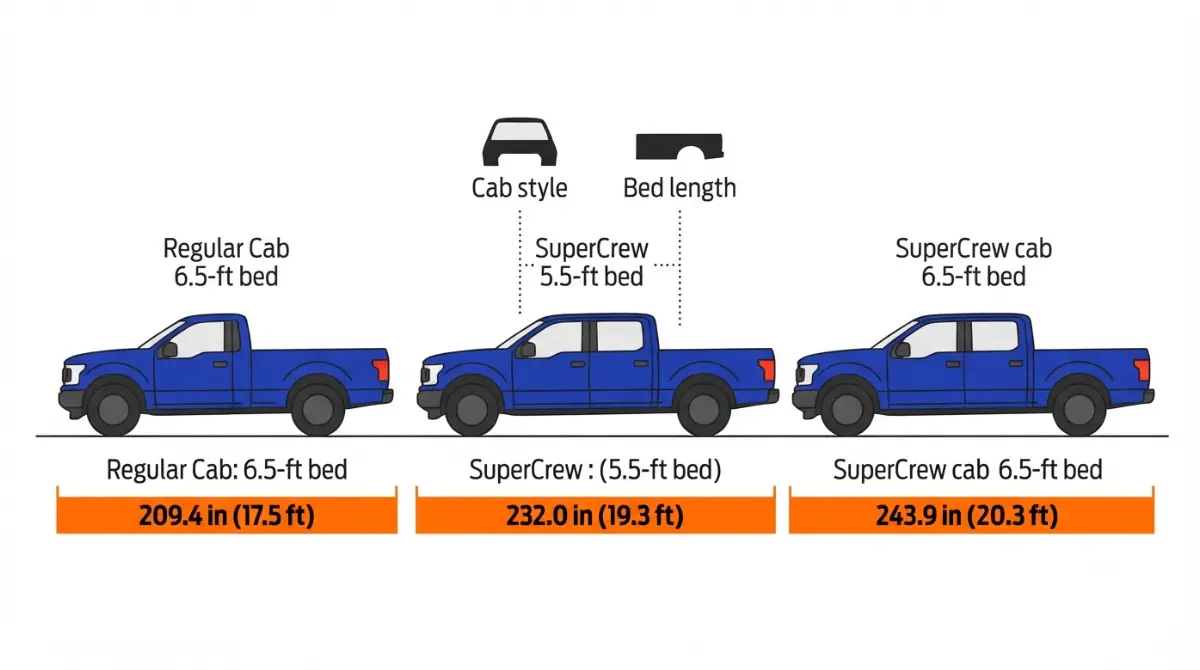 2026 Ford F-150 Length comparison by cab and bed configuration showing 209.4 to 243.9 inches