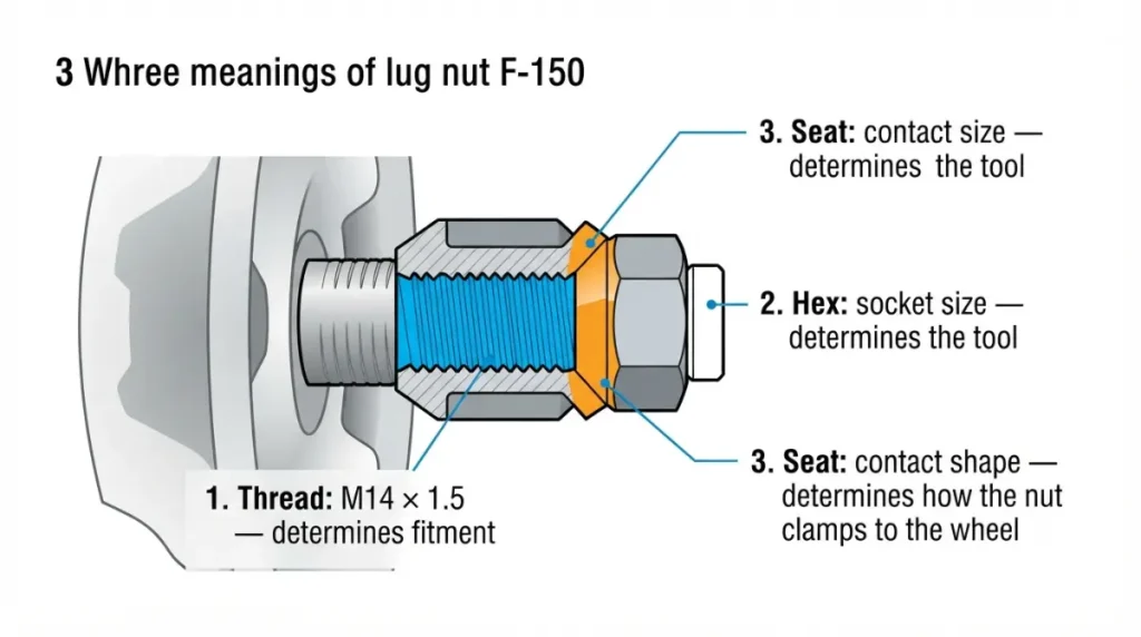 F-150 lug diagram showing lug thread fitment, hex socket size, and seat shape