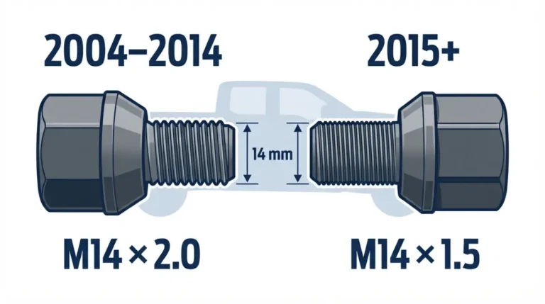 F-150 lug nut thread comparison showing M14 x 2.0 for 2004–2014 and M14 x 1.5 for 2015 and newer