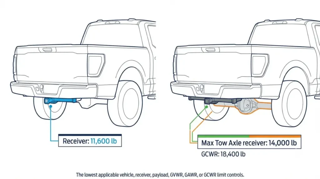 Hybrid towing diagram comparing standard and reinforced F-150 hitch receiver ratings