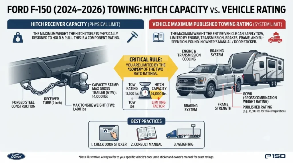 Tow/Haul Max Tow Axle showing 14,000 lb receiver capacity versus F-150 towing rating