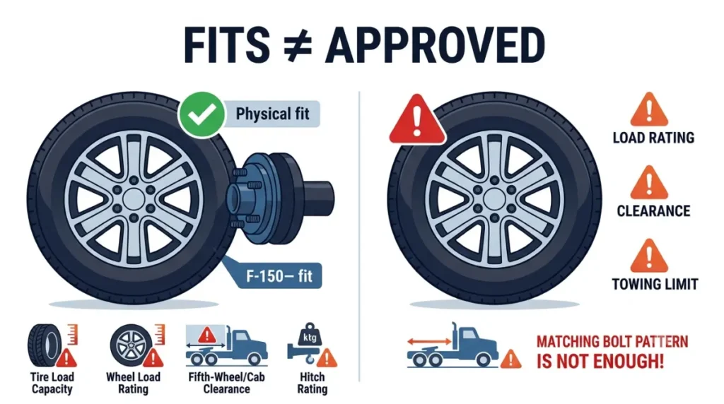 F-150 parts fit diagram showing the difference between physical fit, load rating, clearance, and towing limits