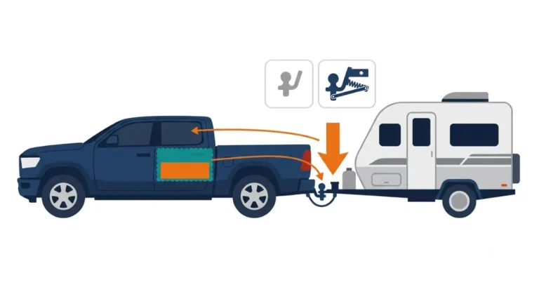 Pickup towing a travel trailer, with tongue weight pressing on the hitch and counted inside the truck payload