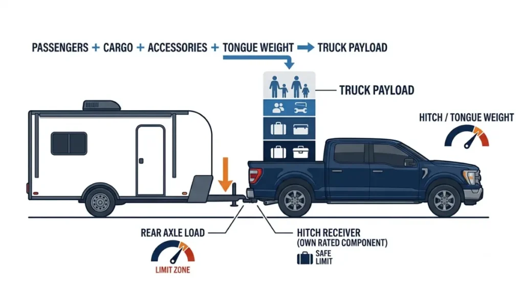 F-150 payload diagram showing passengers, cargo, tongue weight, rear axle load, and hitch receiver limits