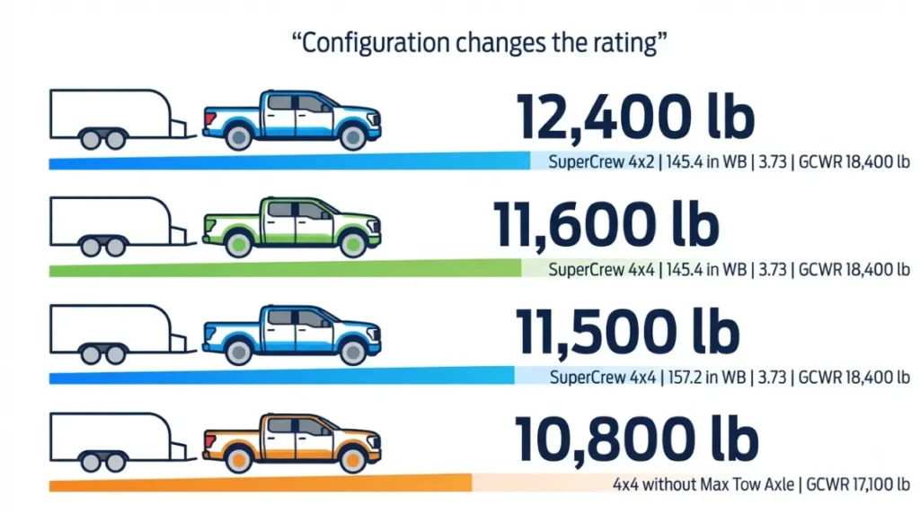 Hybrid towing chart showing selected 2026 F-150 PowerBoost ratings from 10,800 to 12,400 pounds