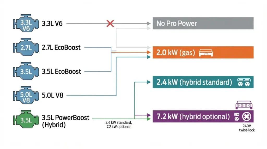 Vector diagram mapping Ford F-150 engines to available Power Onboard outputs: no system, 2.0 kW, 2.4 kW, and 7.2 kW, showing which engines support each tier
