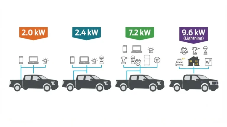 Vector illustration of Ford F-150 Power Onboard output tiers: 2.0 kW, 2.4 kW, 7.2 kW on gas/hybrid F-150s and 9.6 kW on F-150 Lightning with example devices each can power