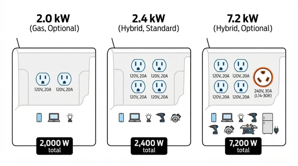 Vector illustration of Ford F-150 Power Onboard outlet layouts for 2.0 kW, 2.4 kW, and 7.2 kW, showing number of 120V outlets and the 240V twist-lock on the 7.2 kW system