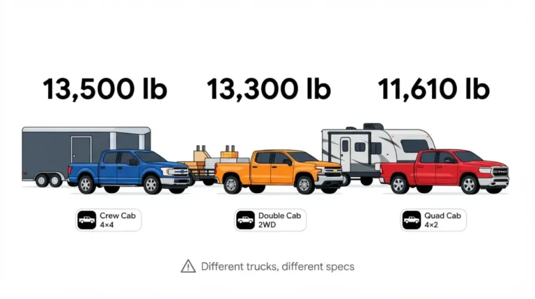 2026 Ford F-150 vs Chevrolet Silverado vs Ram 1500 towing capacity comparison infographic showing 13500 lb 13300 lb and 11610 lb ratings