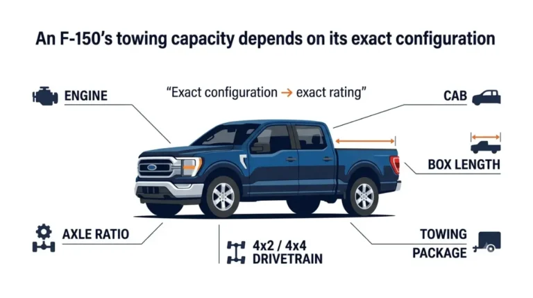 F-150 configuration diagram showing how engine, axle ratio, cab, box length, drivetrain, and towing package determine the exact rating