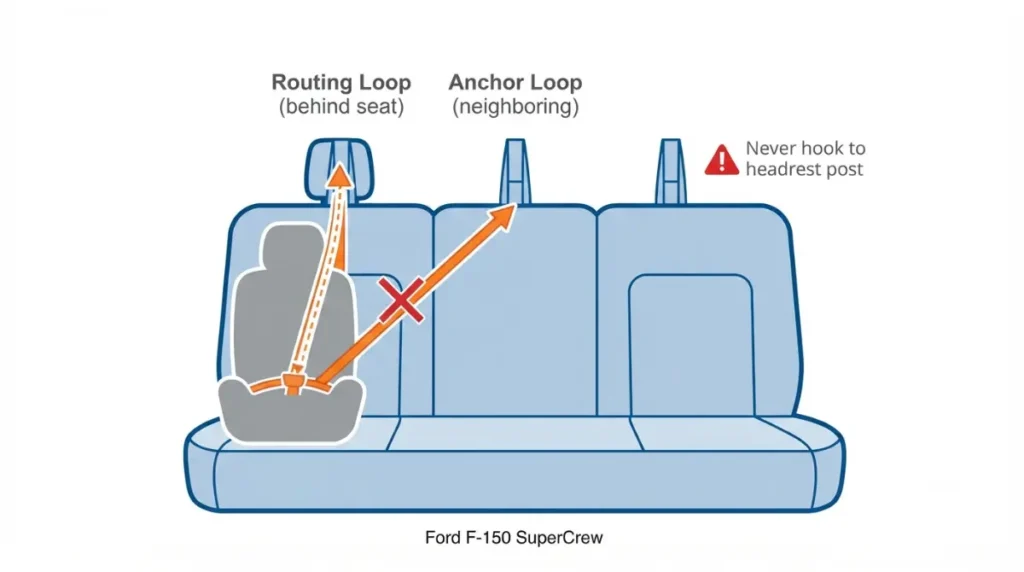 Correct vs incorrect way to route Car Seat tether strap through F-150’s webbing loops — avoid dangerous mistakes”