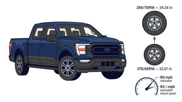 Tires on a 2026 Ford F-150 showing how a taller tire affects speedometer readings Copy alt text