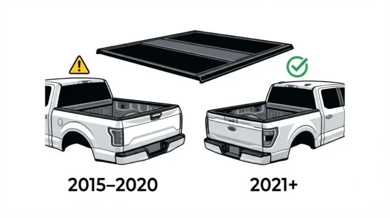 Vector illustration of 2015-2020 and 2021+ Ford F-150 beds with Tonneau Cover fit comparison