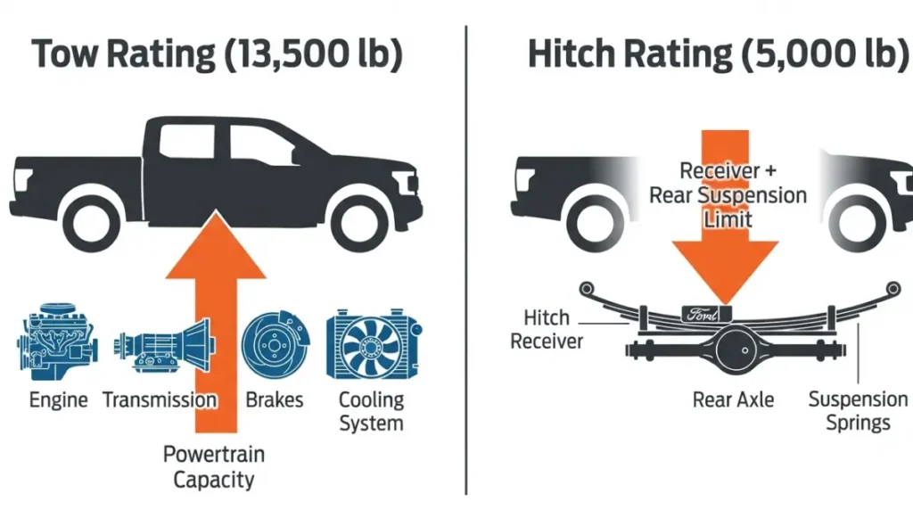 “Diagram explaining F-150 tow rating vs hitch receiver rating with weight distribution system”
