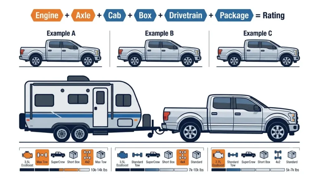 F-150 towing capacity comparison showing how engine, axle ratio, cab, box, drivetrain, and towing package affect the rating