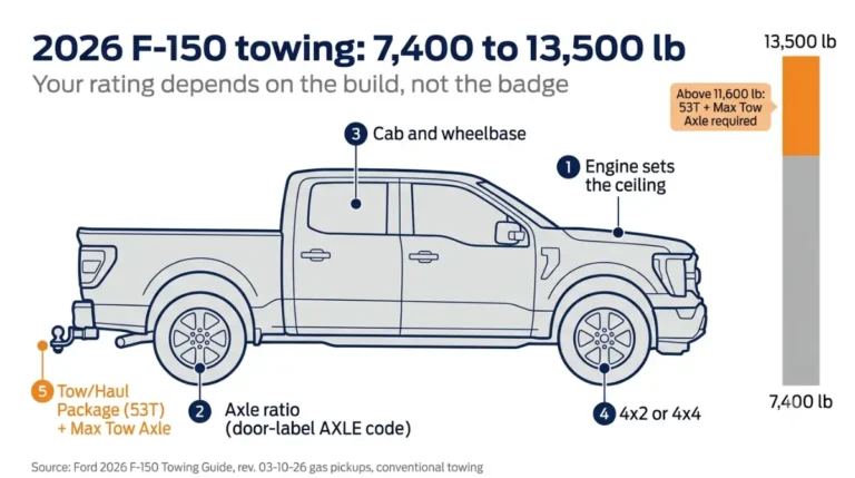 Diagram of a pickup showing how engine, axle ratio, cab, drivetrain and towing equipment set a 2026 F-150 rating