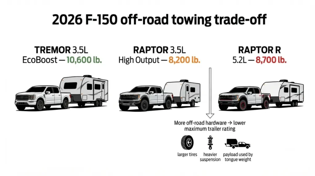 Standard F-150, Tremor, and Raptor ground clearance, approach, breakover, and departure angles