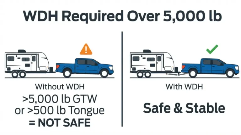 “Ford F-150 towing with and without weight distribution hitch — 5000 lb limit explained”