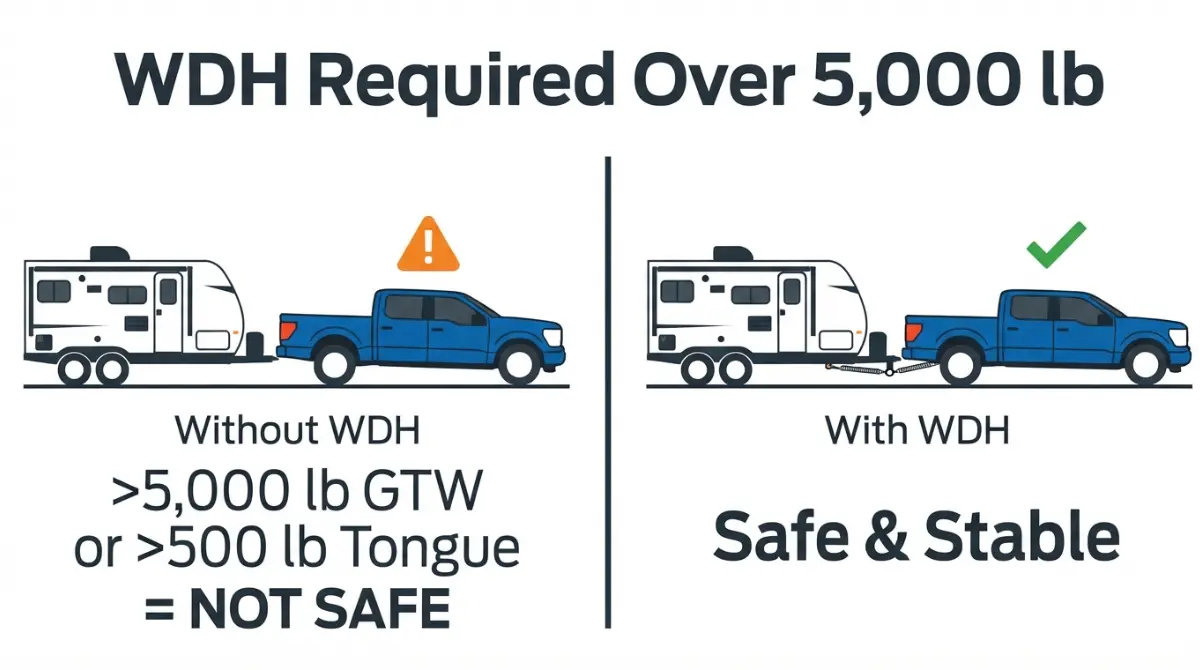 “Ford F-150 towing with and without weight distribution hitch — 5000 lb limit explained”