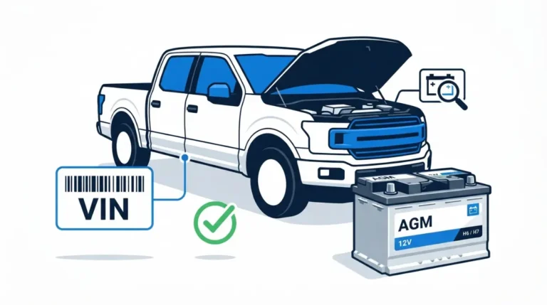 Ford F-150 Battery Size guide showing a pickup truck, AGM 12V battery, installed battery label and VIN verification card
