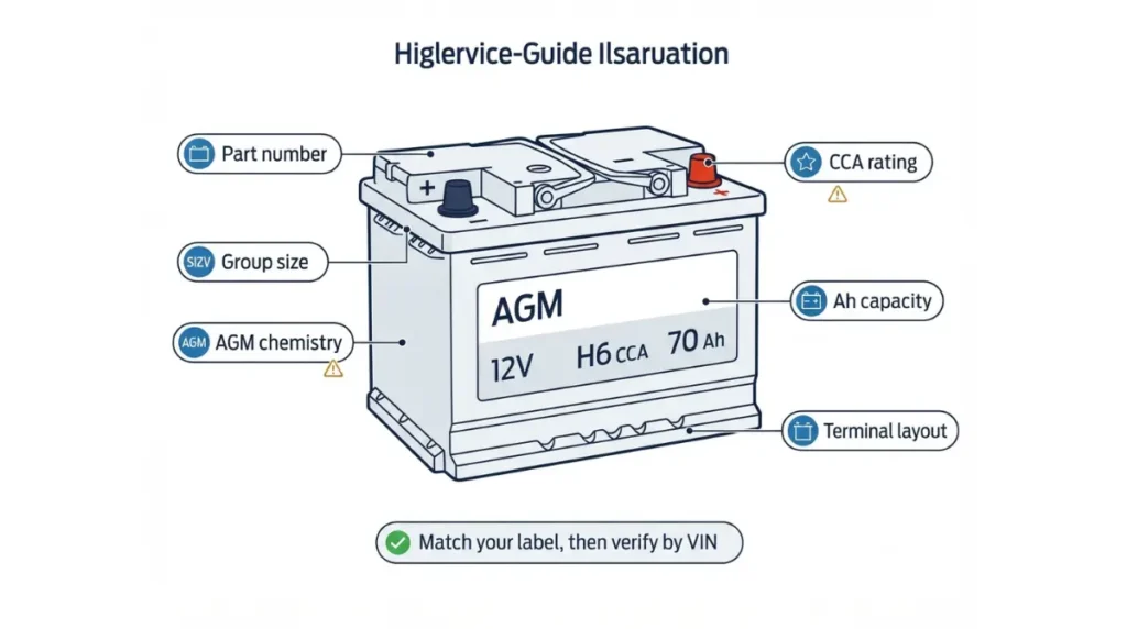 F-150 Battery Size label diagram showing AGM type, group size, cold cranking amps, amp-hours, part number and terminal layout