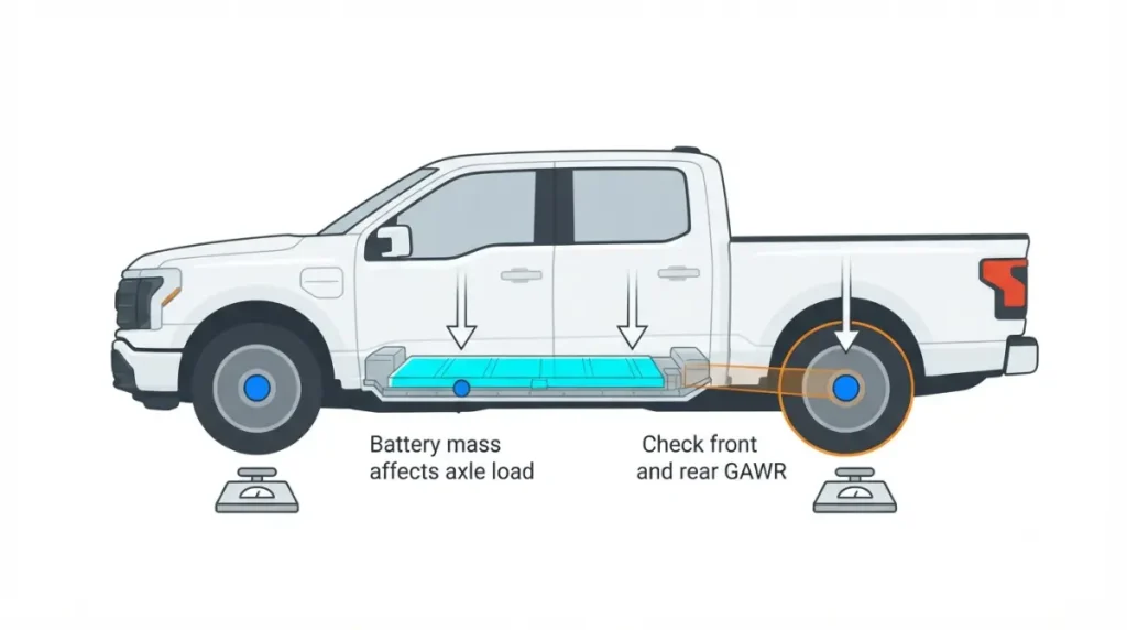 Lightning battery-weight illustration showing how battery mass and cargo affect front and rear axle ratings