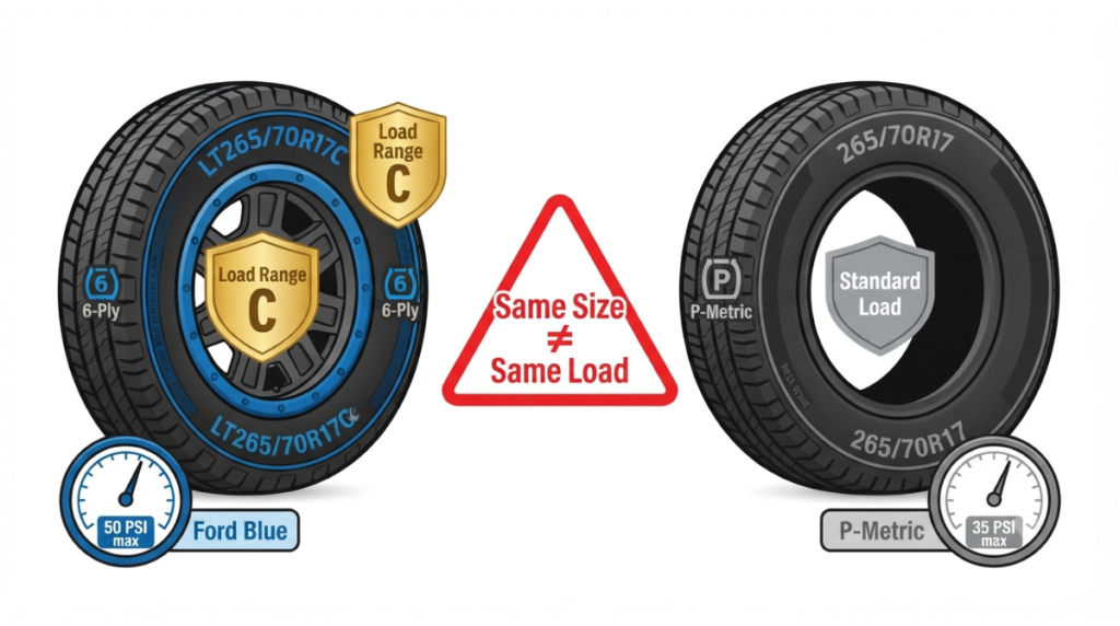 LT265/70R17C vs 265/70R17 tire comparison chart showing load range and construction differences