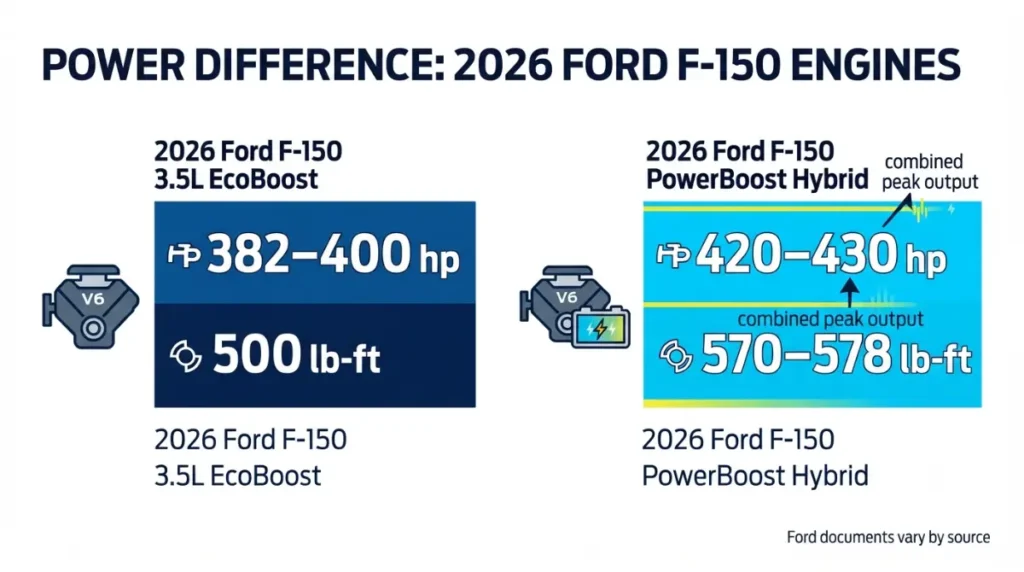 PowerBoost vs 3.5 EcoBoost horsepower and torque comparison for the 2026 Ford F-150