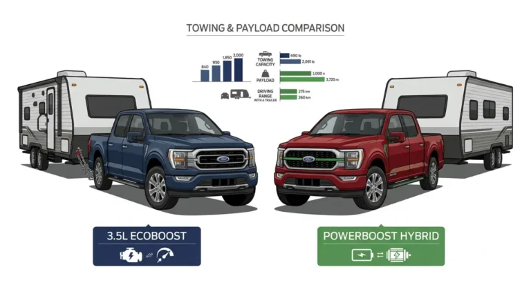 PowerBoost vs 3.5 EcoBoost towing and payload comparison with blue and red F-150-style pickup trucks towing travel trailers Copy alt text