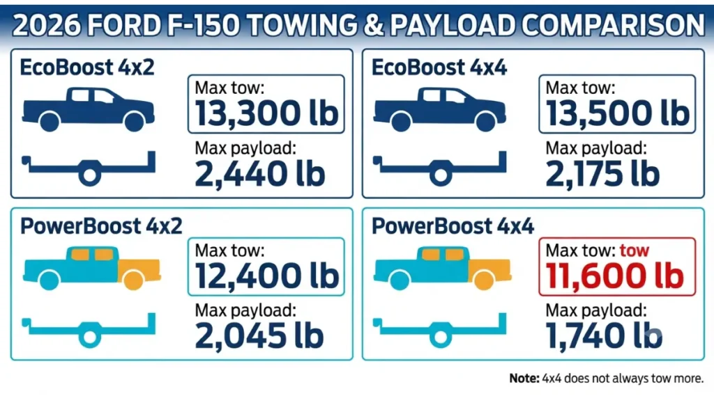 PowerBoost vs 3.5 EcoBoost towing and payload ratings by 2026 F-150 4x2 and 4x4 drivetrain