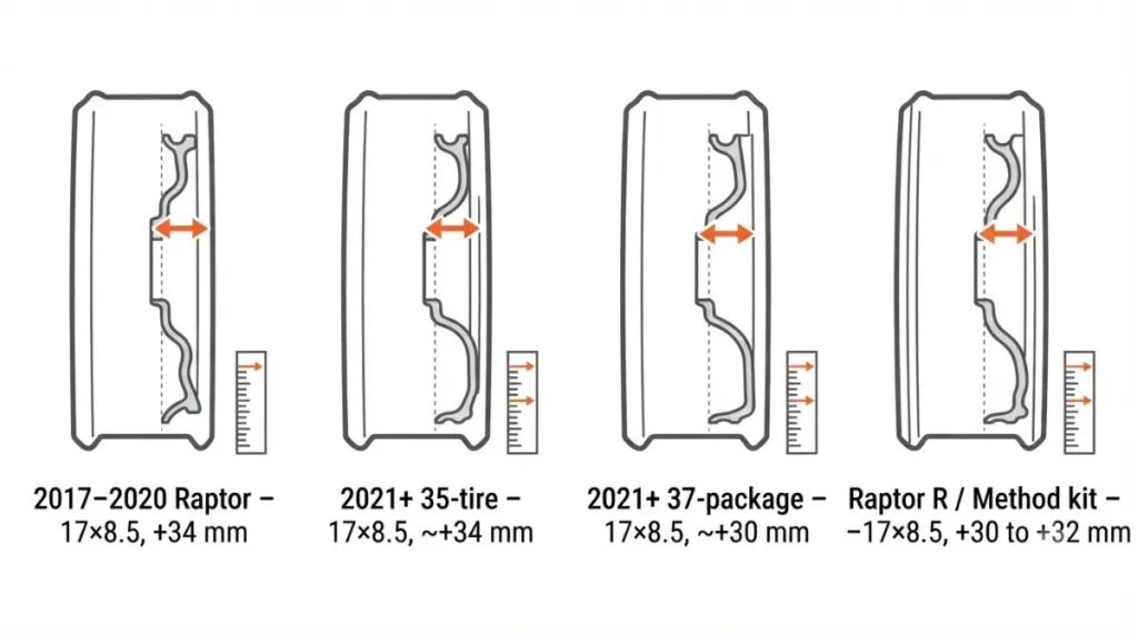 Vector diagram of different Raptor Wheels offsets and widths by model year and package