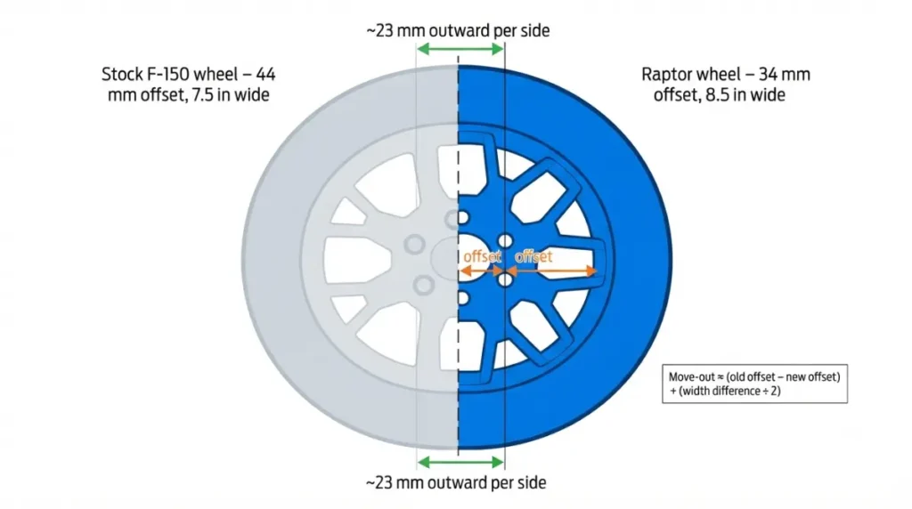 Vector diagram showing how Raptor Wheels offset and width move the tire outward on an F-150