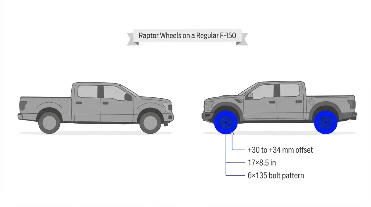 Vector illustration comparing stock F-150 and Raptor Wheels showing offset and width differences