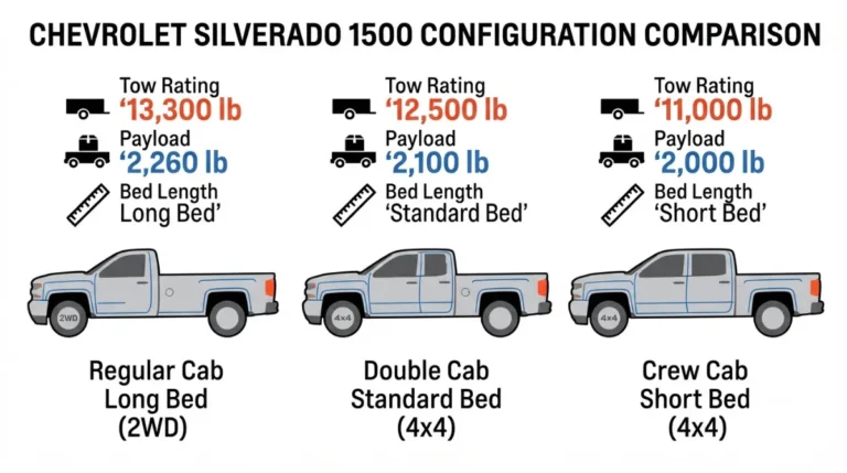Vector infographic showing three Silverado 1500 configurations (Regular, Double, Crew Cab) with tow ratings, payload, and bed lengths on white background.