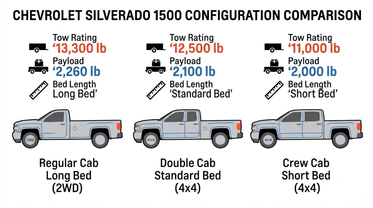 Vector infographic showing three Silverado 1500 configurations (Regular, Double, Crew Cab) with tow ratings, payload, and bed lengths on white background.