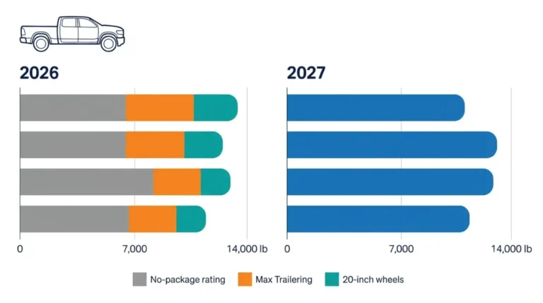 Bar chart of 2026 and 2027 Chevrolet Silverado 1500 tow ratings for each engine, with and without Max Trailering
