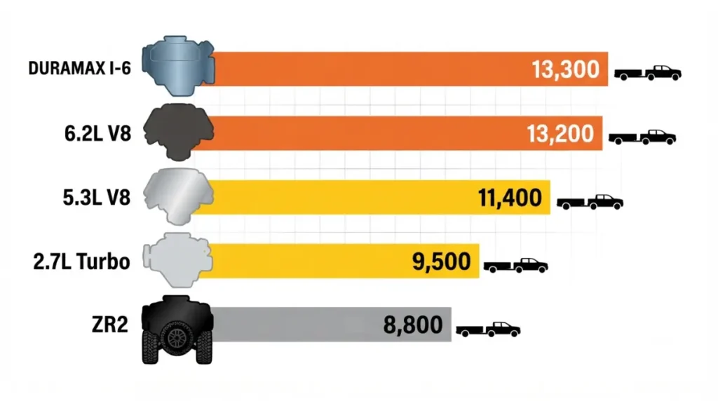 2026 Silverado 1500 Towing Capacity comparison by engine Duramax 6.2L 5.3L 2.7L ZR2 vector chart