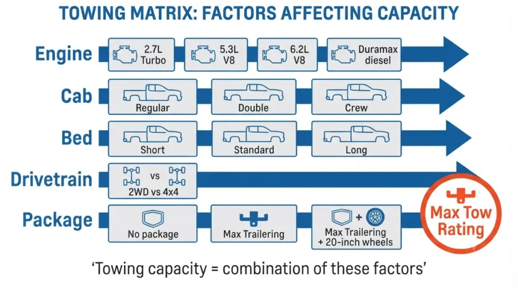 Vector infographic showing the five factors that determine Silverado 1500 towing capacity: engine, cab, bed, drivetrain, and trailering package.