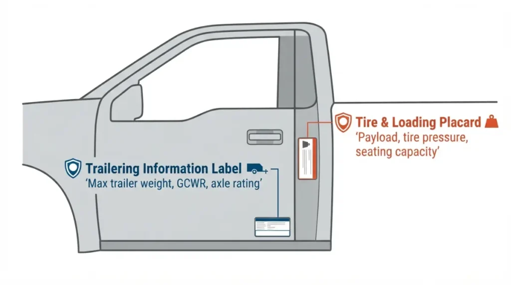Vector diagram showing where to find the Trailering Information Label and Tire & Loading Placard on a Silverado 1500 driver-side door and B‑pillar.