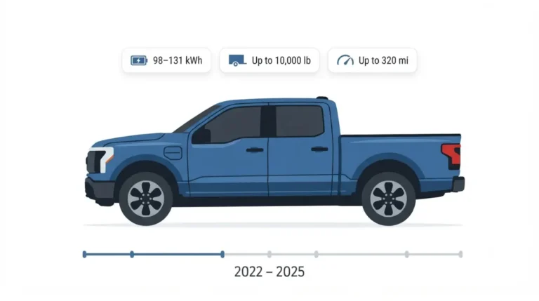 Featured vector illustration of a used Ford F‑150 Lightning (2022–2025) showing battery, towing, and range icons for the buyer’s guide