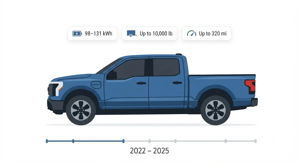 Featured vector illustration of a used Ford F‑150 Lightning (2022–2025) showing battery, towing, and range icons for the buyer’s guide