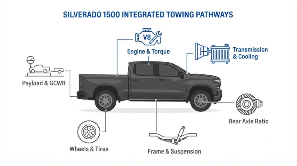 2027 Silverado 1500 tow system diagram showing why the 5.7L V8 out-tows the 6.6L V8