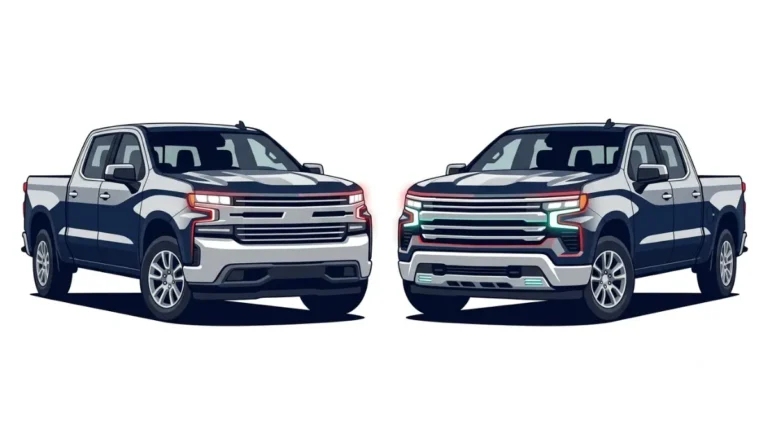 2022 Silverado LTD versus refreshed 2022 Silverado front-end comparison vector illustration on a white background.