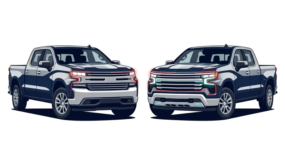 2022 Silverado LTD versus refreshed 2022 Silverado front-end comparison vector illustration on a white background.