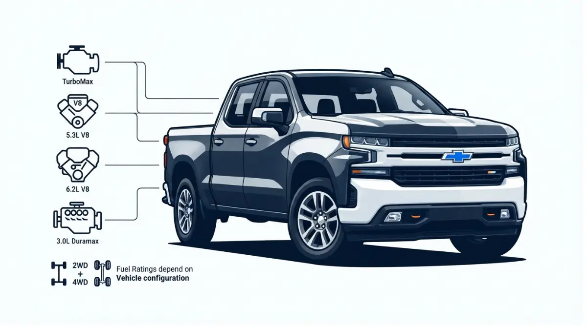 Silverado 1500 MPG guide showing a pickup and four engine options for the 2026 model year.